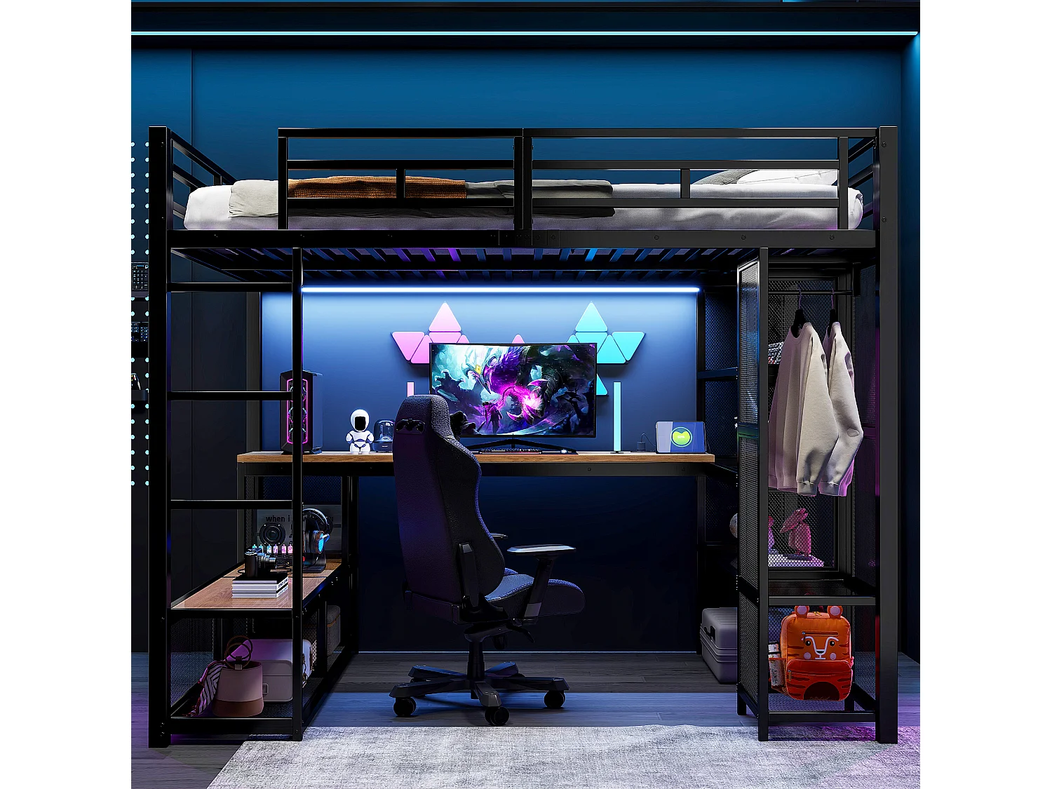 Lit mezzanine en métal pour enfant - 140 x 200 cm - avec bureau + étagère de rangement + penderie ouverte + USB + Leds - noir