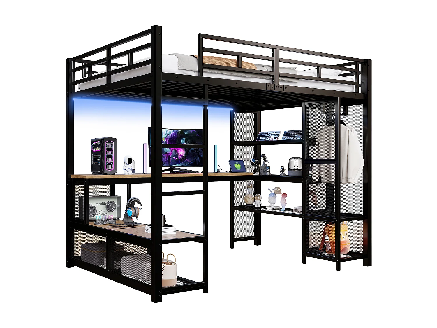 Lit mezzanine en métal pour enfant - 140 x 200 cm - avec bureau + étagère de rangement + penderie ouverte + USB + Leds - noir
