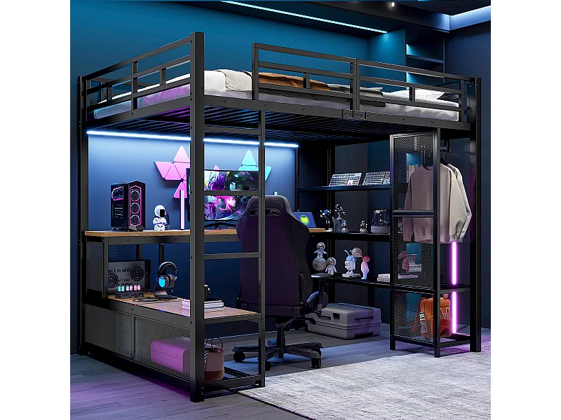 Lit mezzanine en métal pour enfant - 140 x 200 cm - avec bureau + étagère de rangement + penderie ouverte + USB + Leds - noir