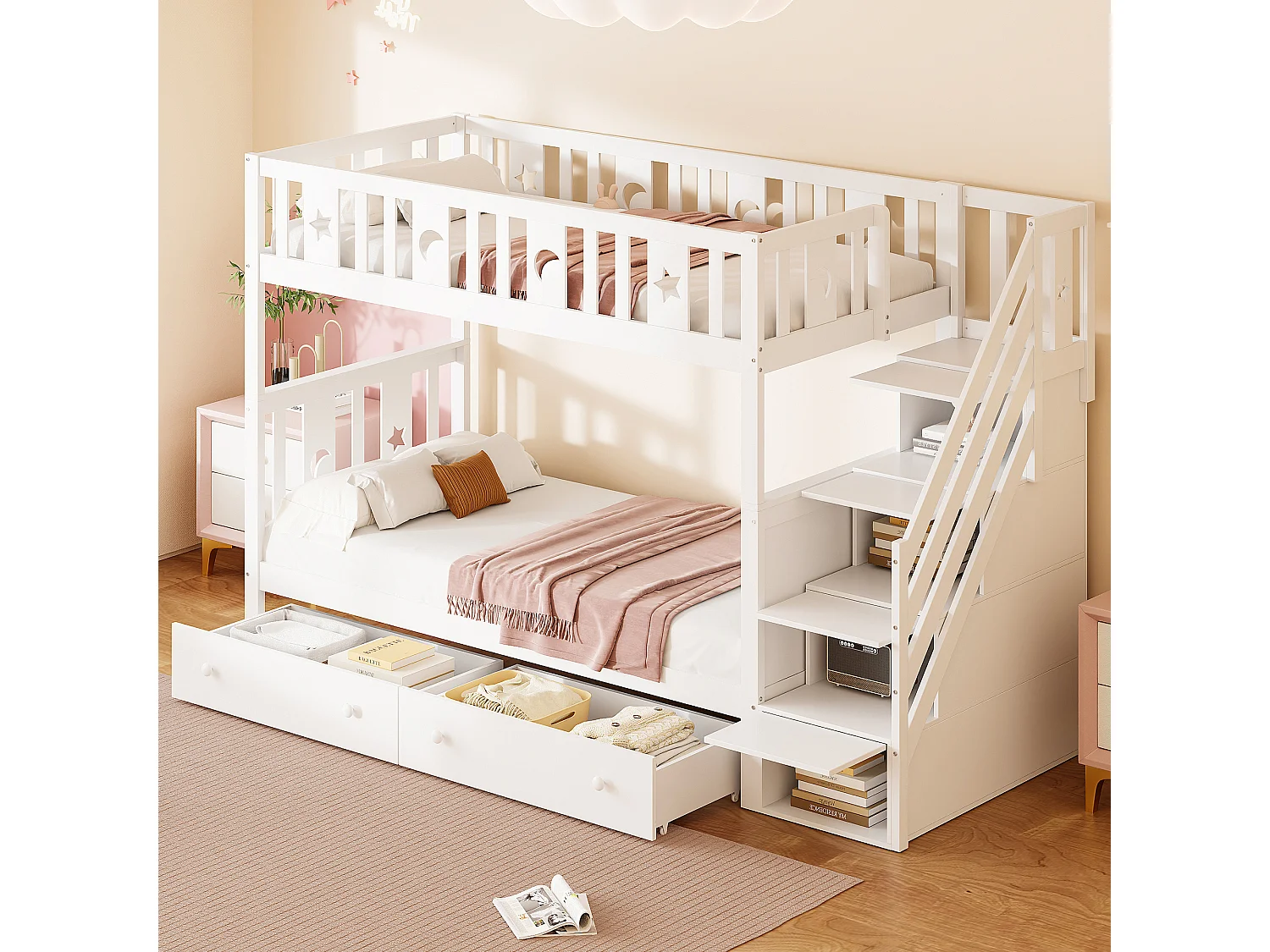 Lit superposés pour enfant - 2 x 90 x 200 cm - avec escalier de rangement + 2 tiroirs - bois - blanc