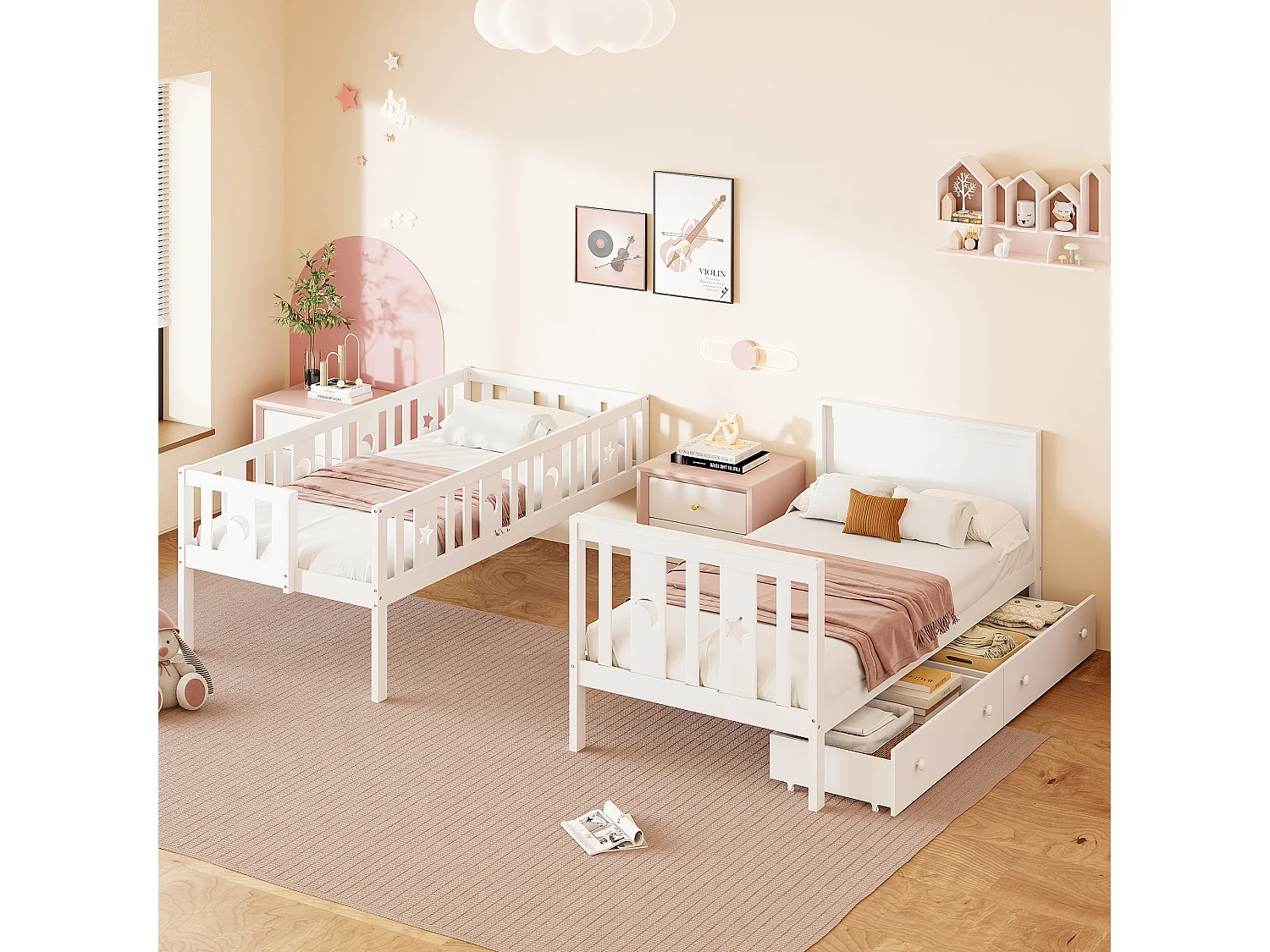 Lit superposés pour enfant - 2 x 90 x 200 cm - avec escalier de rangement + 2 tiroirs - bois - blanc