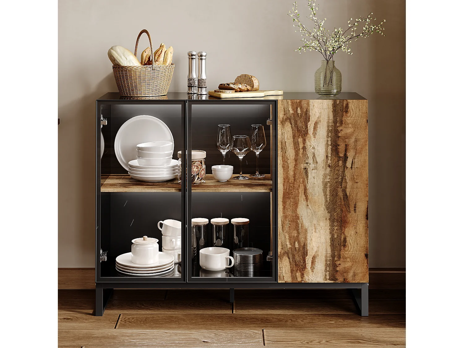 Vitrine avec 2 Porte en Verre et 1 Porte avce Aspect du Bois, Buffet de Cuisine avec Lumière LED, Salon, 120x41x95, Noir