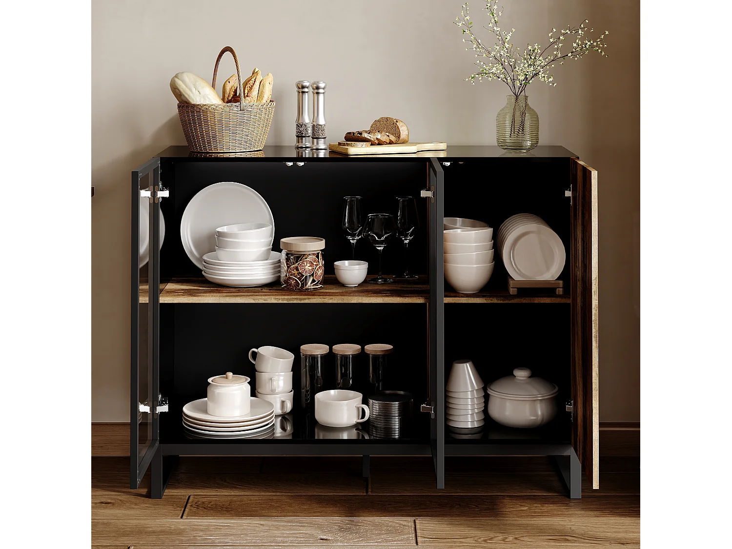 Vitrine avec 2 Porte en Verre et 1 Porte avce Aspect du Bois, Buffet de Cuisine avec Lumière LED, Salon, 120x41x95, Noir