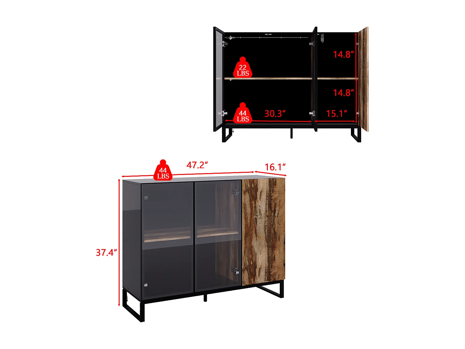 Vitrine avec 2 Porte en Verre et 1 Porte avce Aspect du Bois, Buffet de Cuisine avec Lumière LED, Salon, 120x41x95, Noir