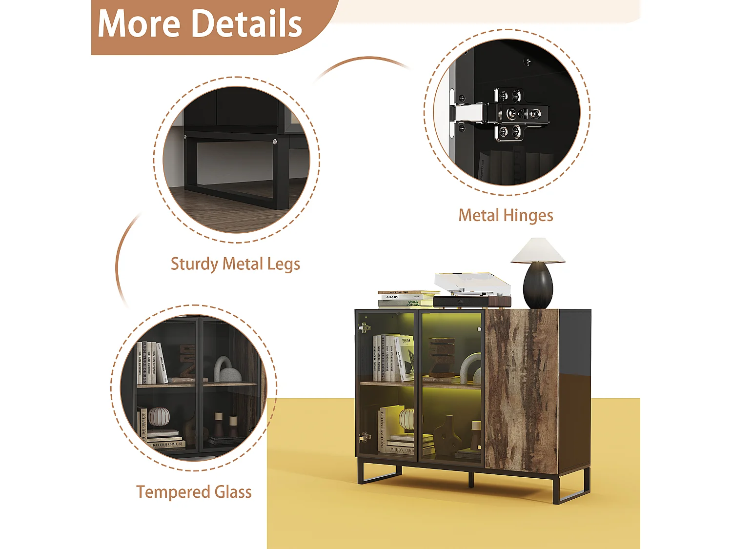 Vitrine avec 2 Porte en Verre et 1 Porte avce Aspect du Bois, Buffet de Cuisine avec Lumière LED, Salon, 120x41x95, Noir