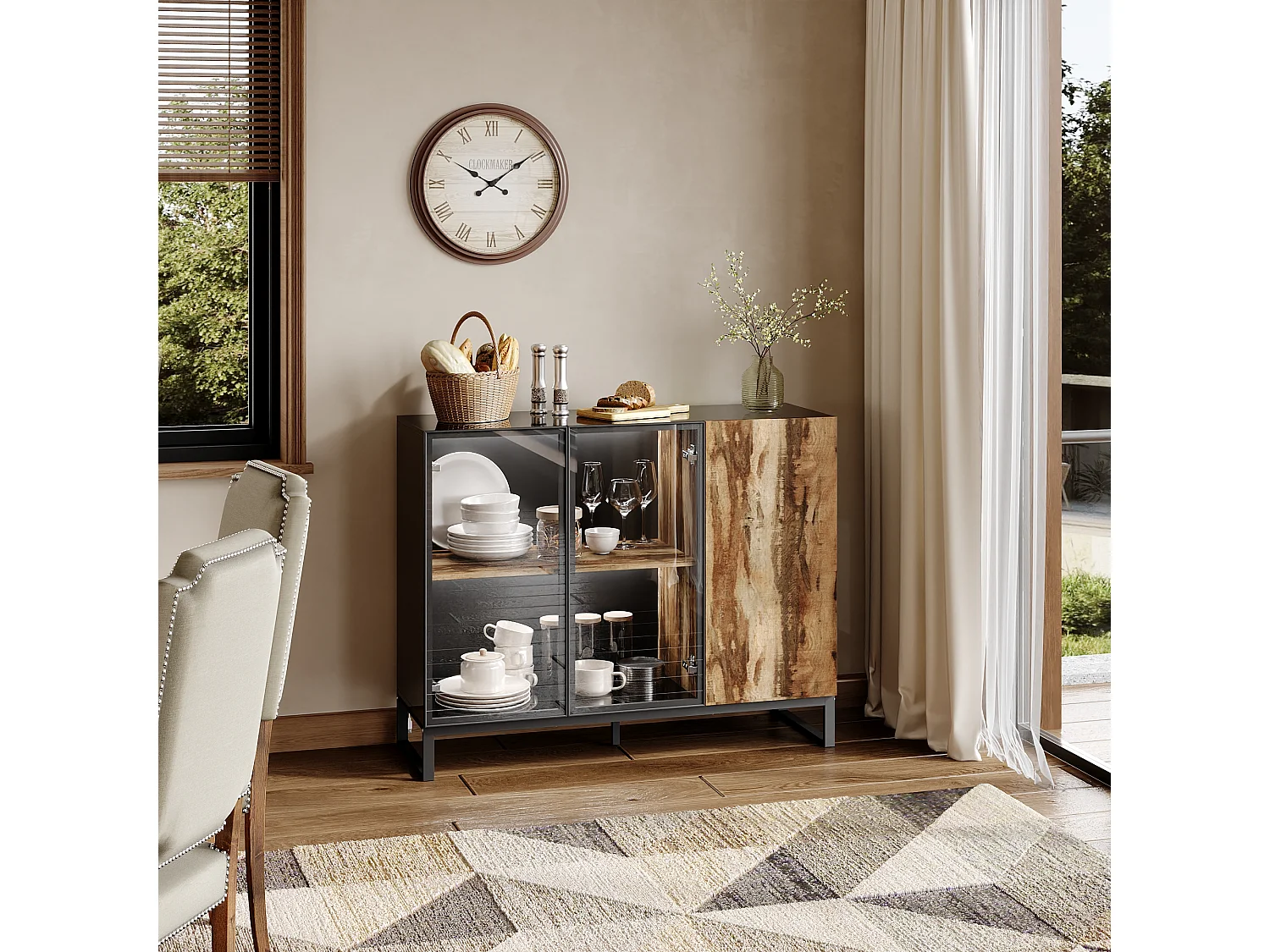 Vitrine avec 2 Porte en Verre et 1 Porte avce Aspect du Bois, Buffet de Cuisine avec Lumière LED, Salon, 120x41x95, Noir