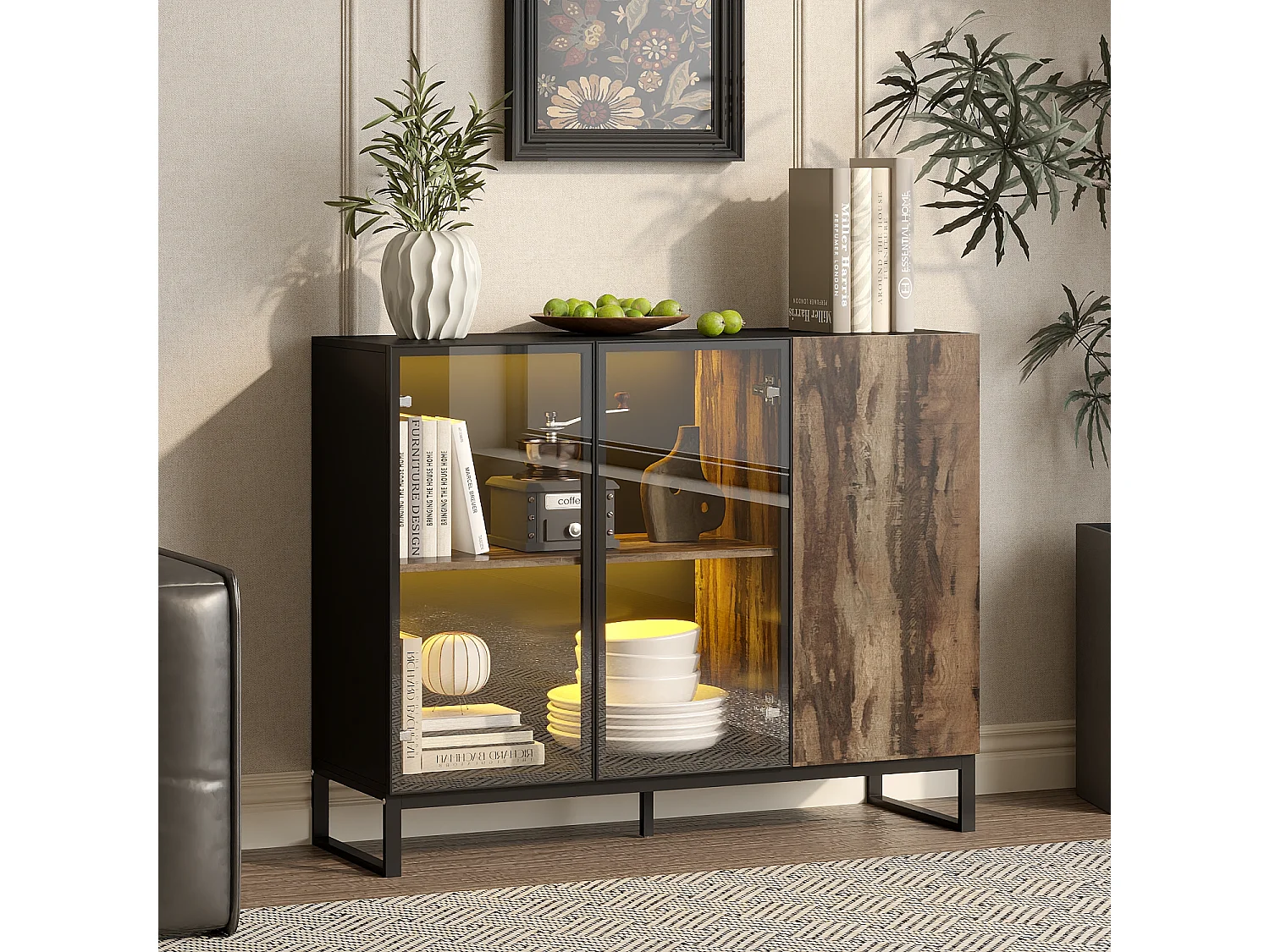 Vitirne à Lumière LED, Buffet avec 2 Portes en Verre et 1 Porte avec Aspect du Bois, Salon, 120x41x95, Noir Brillant