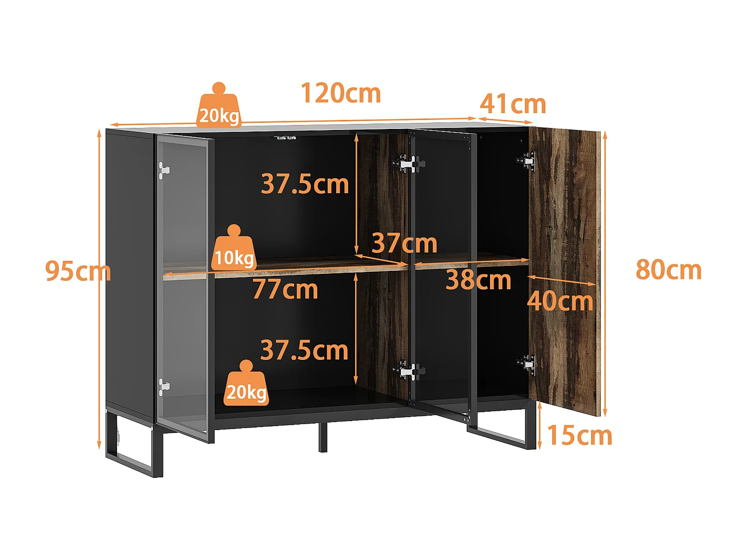 Vitirne à Lumière LED, Buffet avec 2 Portes en Verre et 1 Porte avec Aspect du Bois, Salon, 120x41x95, Noir Brillant