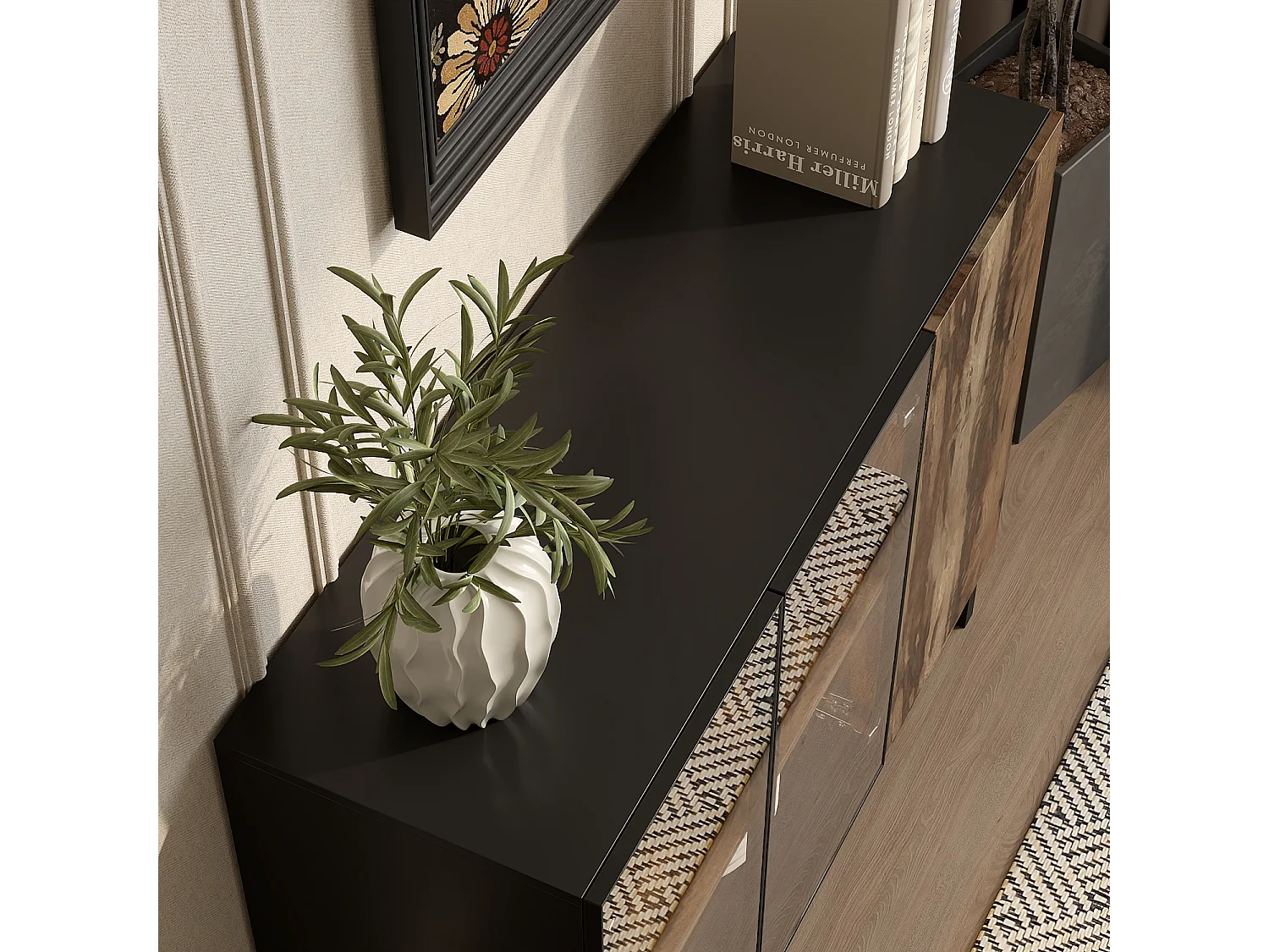 Vitirne à Lumière LED, Buffet avec 2 Portes en Verre et 1 Porte avec Aspect du Bois, Salon, 120x41x95, Noir Brillant