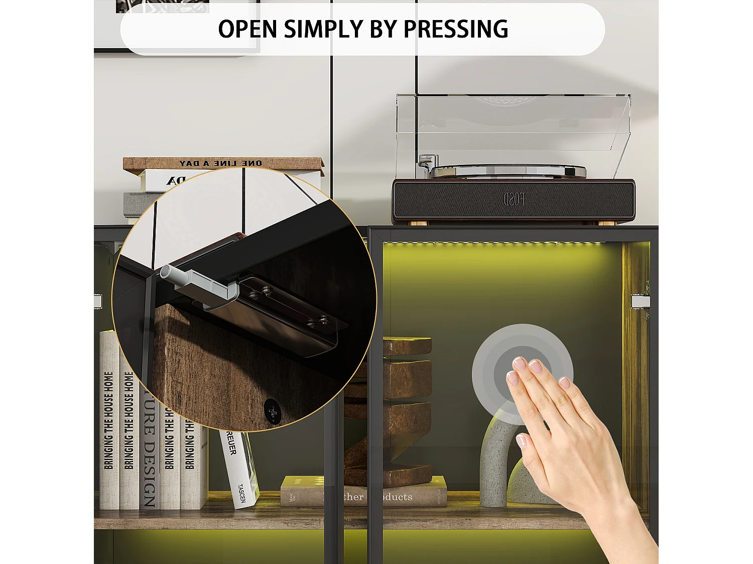 Vitirne à Lumière LED, Buffet avec 2 Portes en Verre et 1 Porte avec Aspect du Bois, Salon, 120x41x95, Noir Brillant