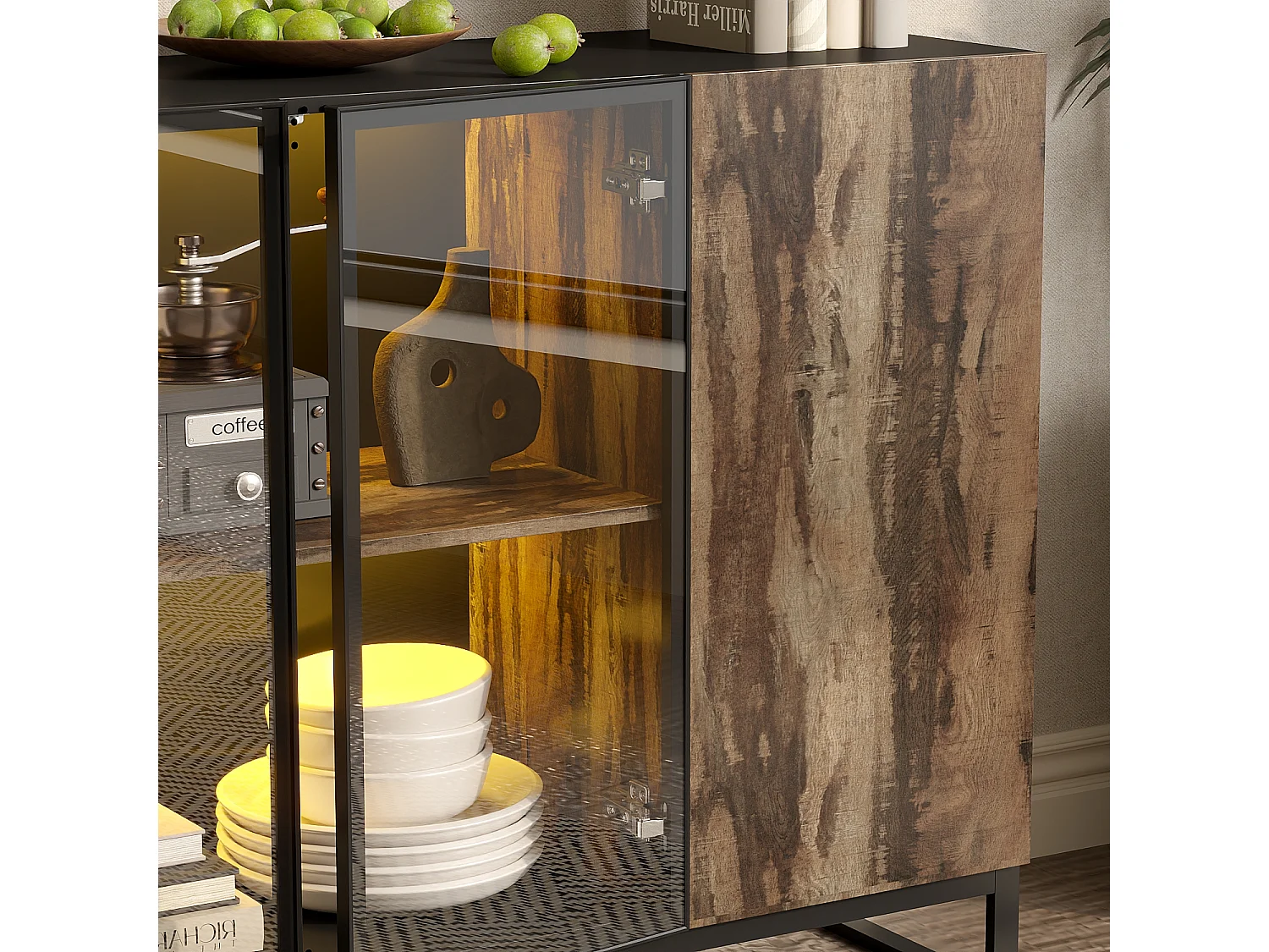 Vitirne à Lumière LED, Buffet avec 2 Portes en Verre et 1 Porte avec Aspect du Bois, Salon, 120x41x95, Noir Brillant