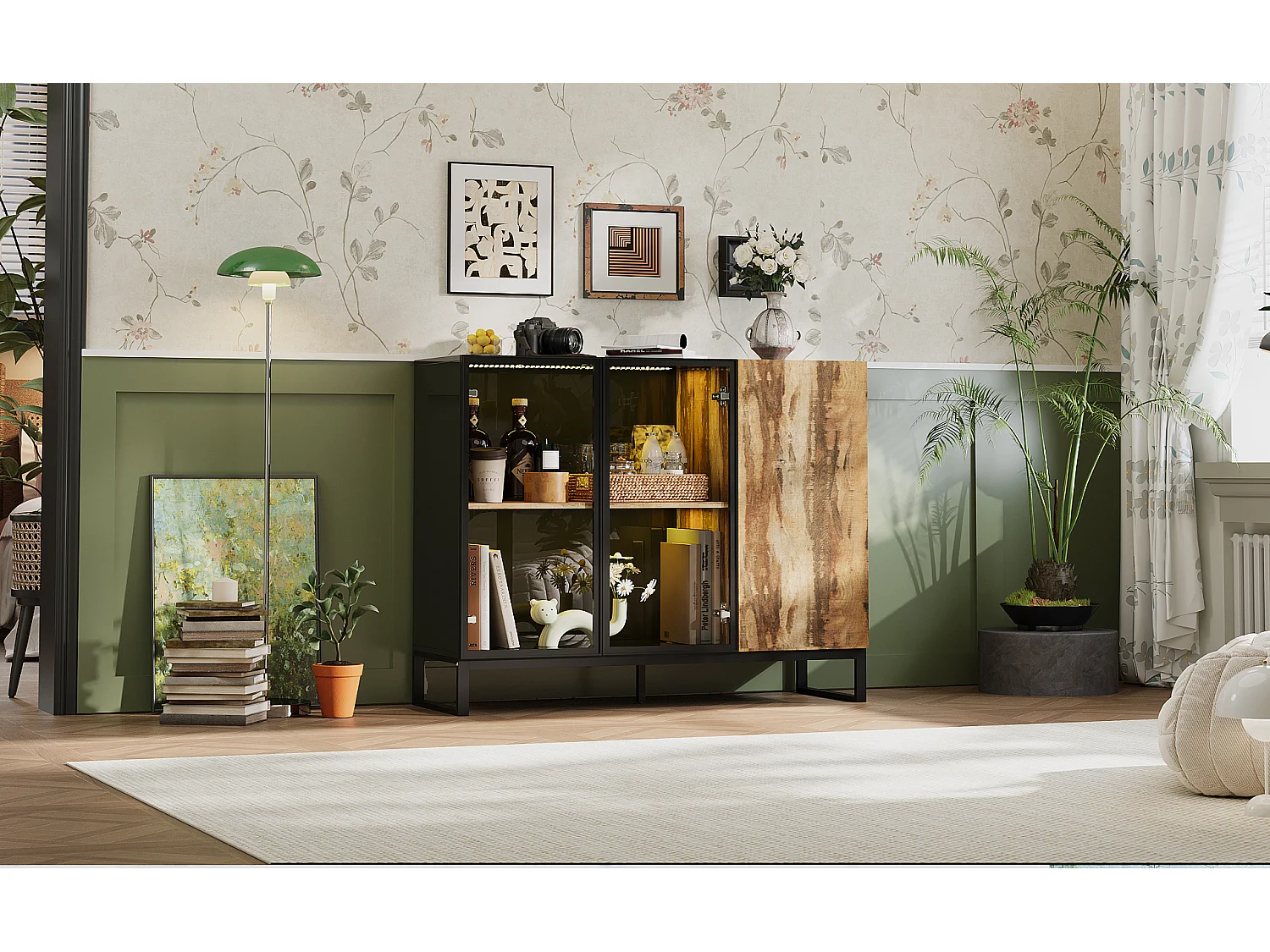 Vitirne à Lumière LED, Buffet avec 2 Portes en Verre et 1 Porte avec Aspect du Bois, Salon, 120x41x95, Noir Brillant