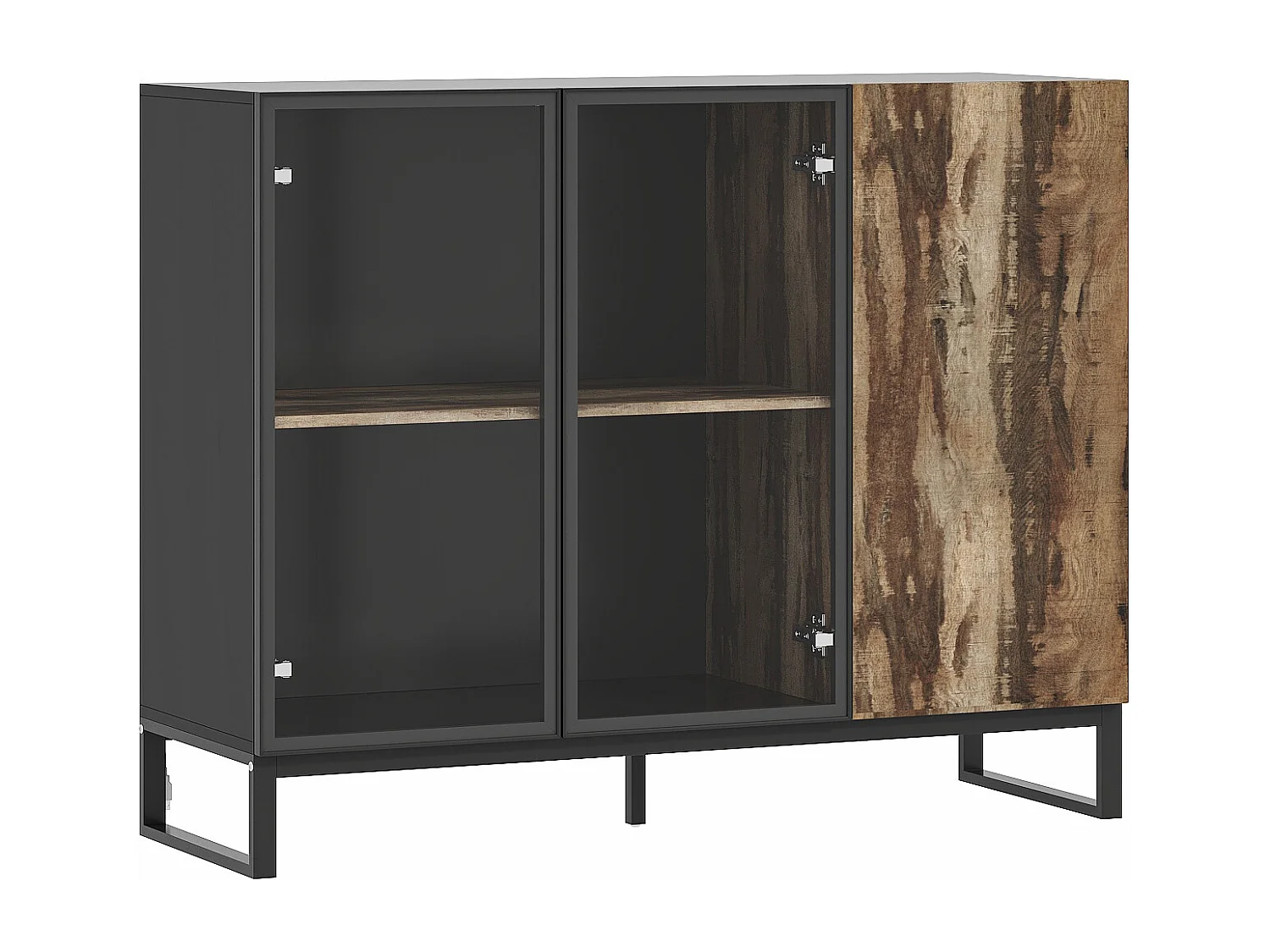 Vitirne à Lumière LED, Buffet avec 2 Portes en Verre et 1 Porte avec Aspect du Bois, Salon, 120x41x95, Noir Brillant
