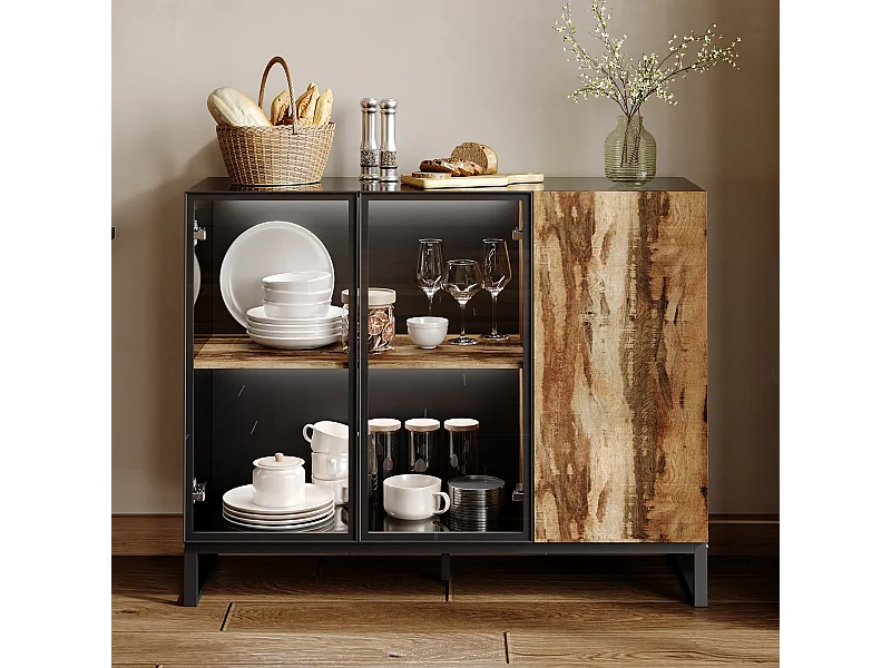 Vitrine avec 2 Porte en Verre et 1 Porte avce Aspect du Bois, Buffet de Cuisine avec Lumière LED, Salon, 120x41x95, Noir