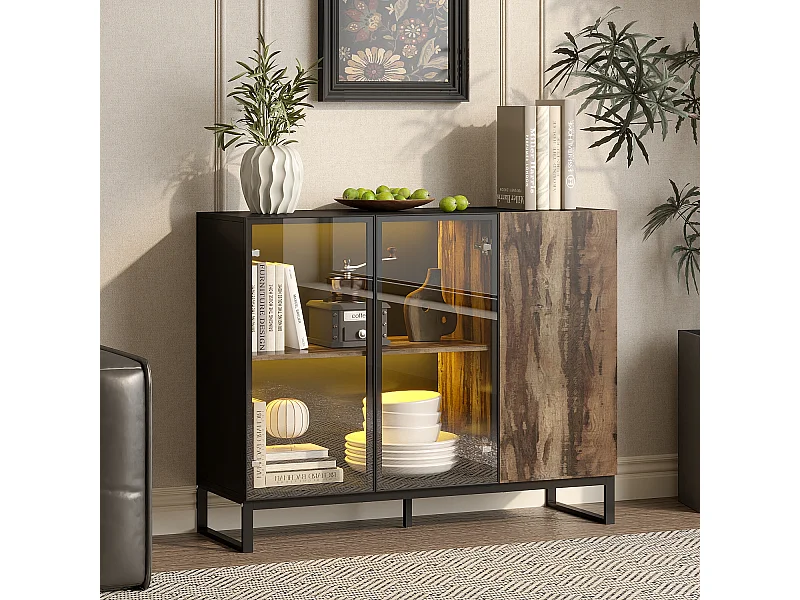 Vitirne à Lumière LED, Buffet avec 2 Portes en Verre et 1 Porte avec Aspect du Bois, Salon, 120x41x95, Noir Brillant