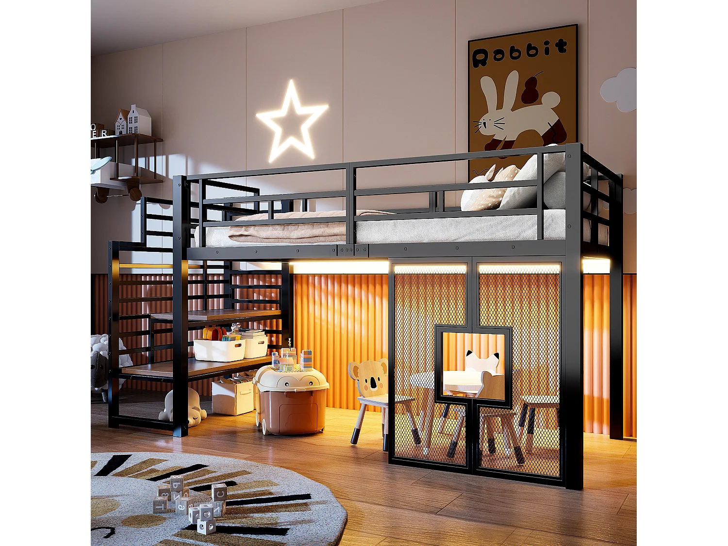 Letto a soppalco in metallo per bambini - 90 x 200 cm - con scale + contenitore + LED + finestre - nero