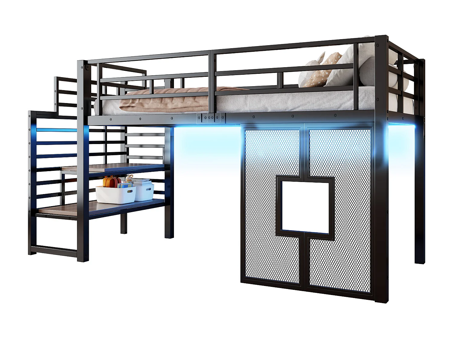 Letto a soppalco in metallo per bambini - 90 x 200 cm - con scale + contenitore + LED + finestre - nero
