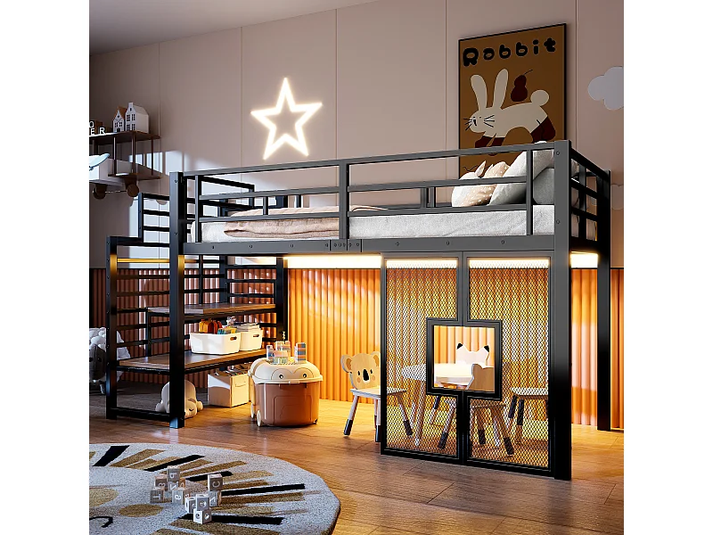 Metall-Hochbett für Kinder – 90 x 200 cm – mit Treppe, Stauraum, LED-Beleuchtung und Fenstern – schwarz