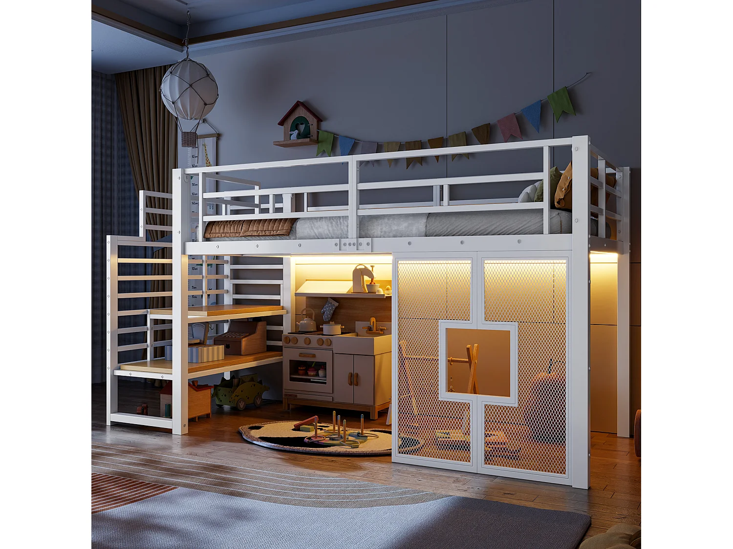 Lit mezzanine en métal pour enfant - 90 x 200 cm - avec escalier + rangement + Leds + fenêtres - blanc