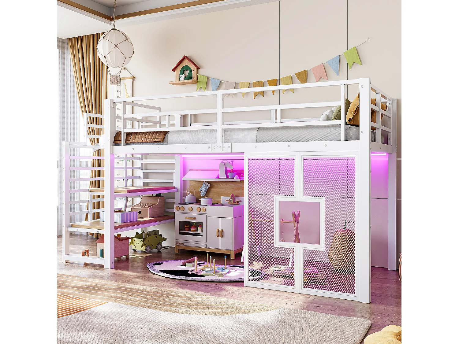 Lit mezzanine en métal pour enfant - 90 x 200 cm - avec escalier + rangement + Leds + fenêtres - blanc