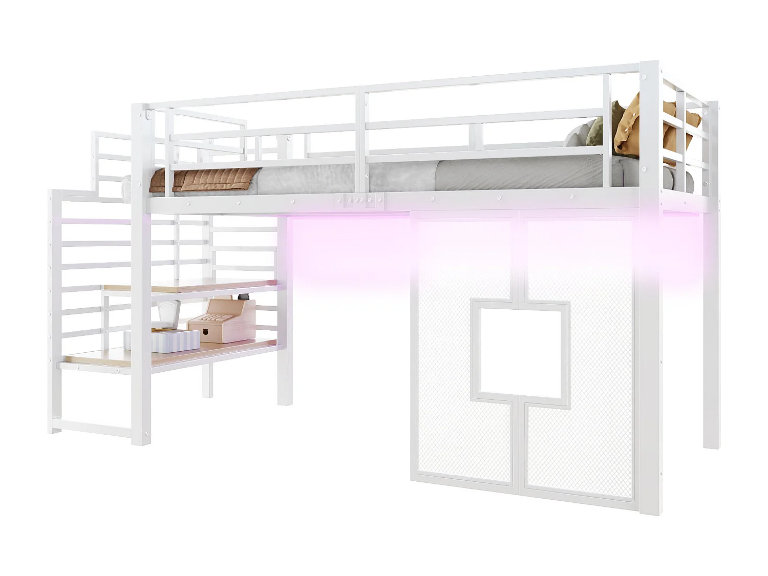 Lit mezzanine en métal pour enfant - 90 x 200 cm - avec escalier + rangement + Leds + fenêtres - blanc