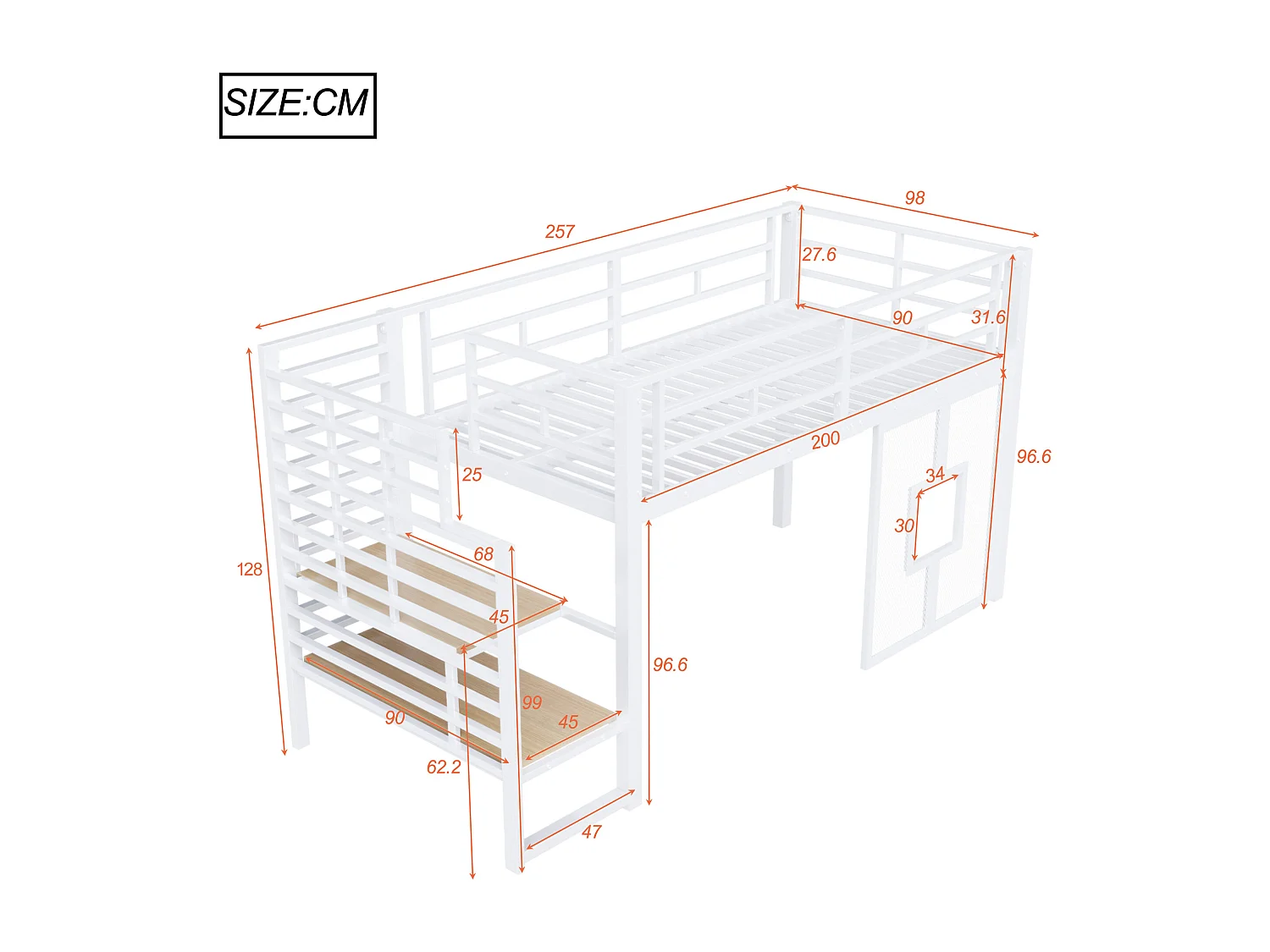 Lit mezzanine en métal pour enfant - 90 x 200 cm - avec escalier + rangement + Leds + fenêtres - blanc