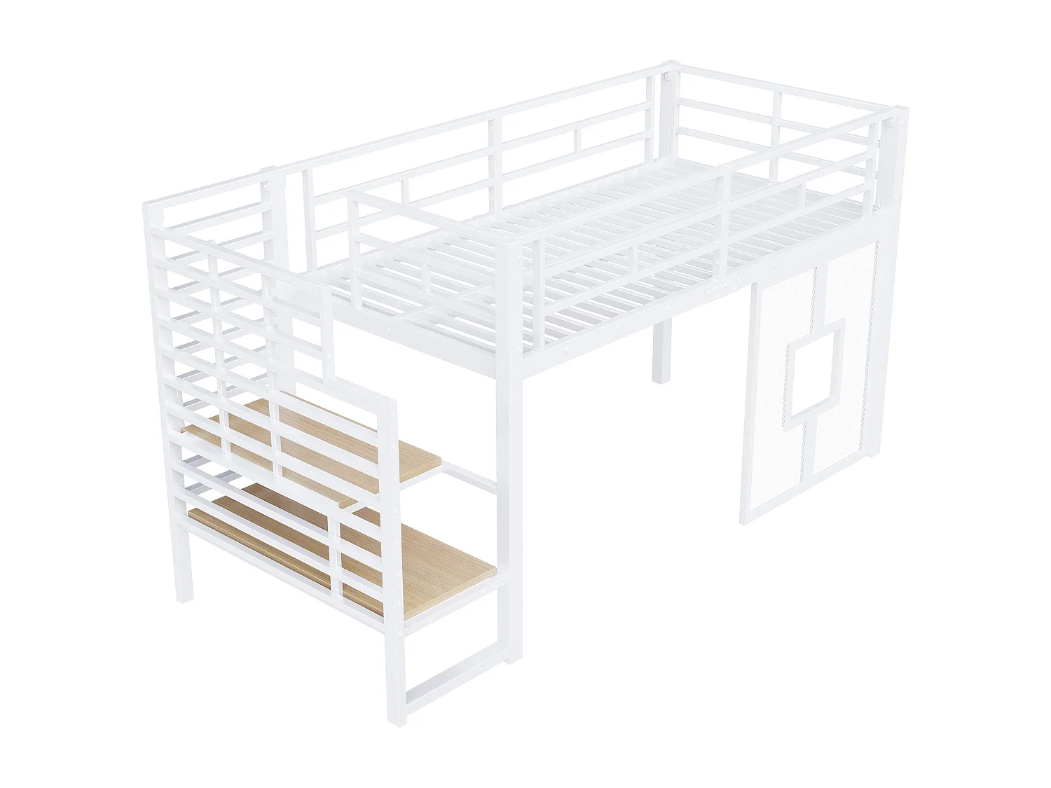 Lit mezzanine en métal pour enfant - 90 x 200 cm - avec escalier + rangement + Leds + fenêtres - blanc