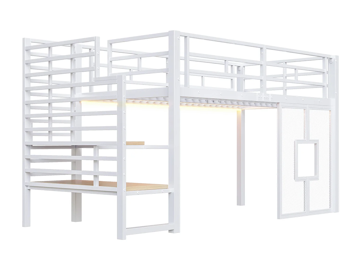 Lit mezzanine en métal pour enfant - 90 x 200 cm - avec escalier + rangement + Leds + fenêtres - blanc