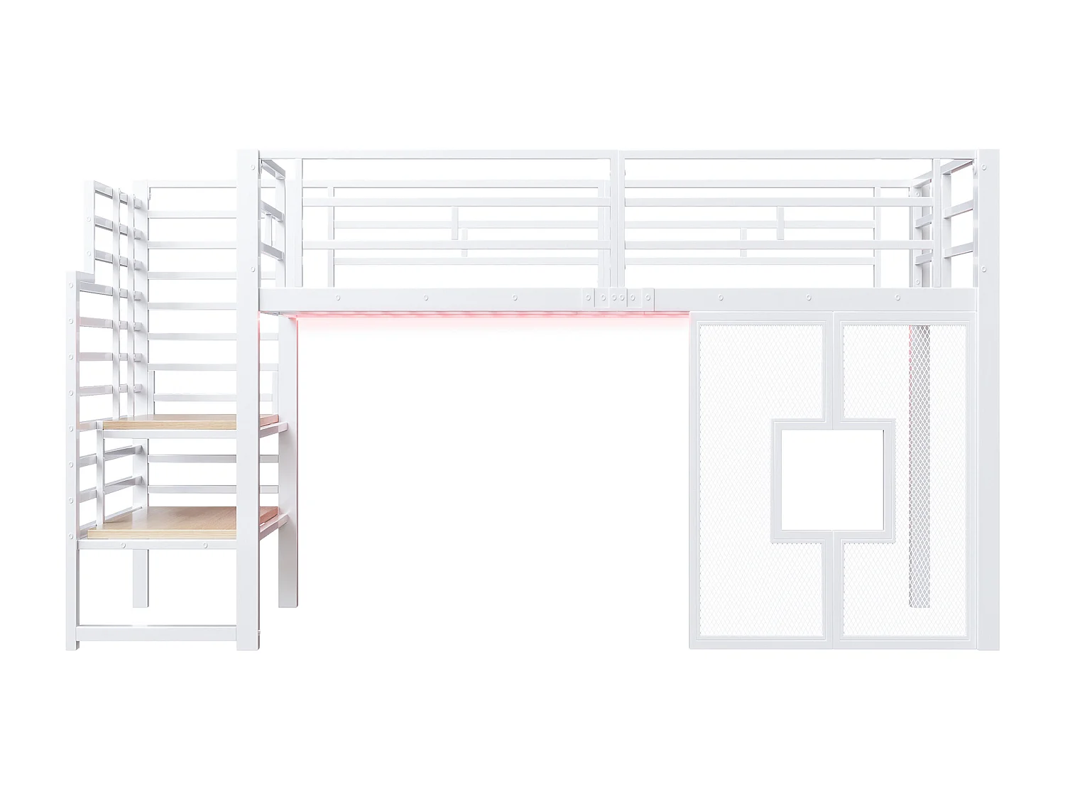 Lit mezzanine en métal pour enfant - 90 x 200 cm - avec escalier + rangement + Leds + fenêtres - blanc