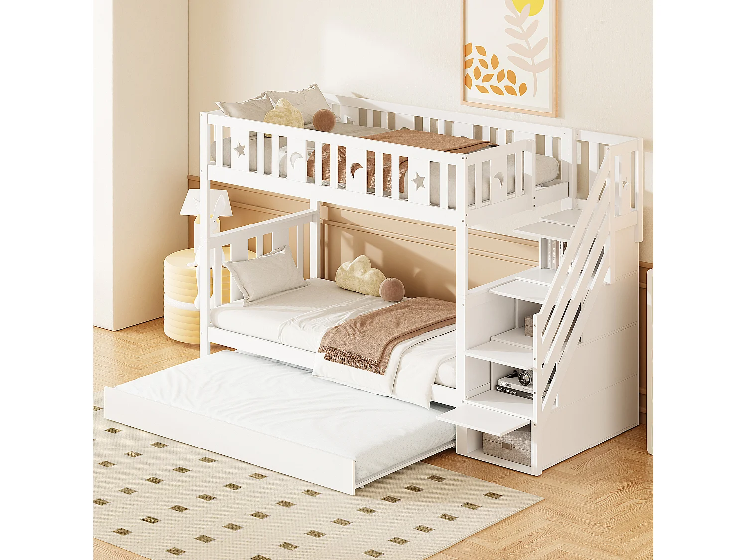 Lit superposé pour enfant - 2 x 90 x 200 cm - avec lit gigogne 90 x 190 cm + escalier de rangement - bois - blanc