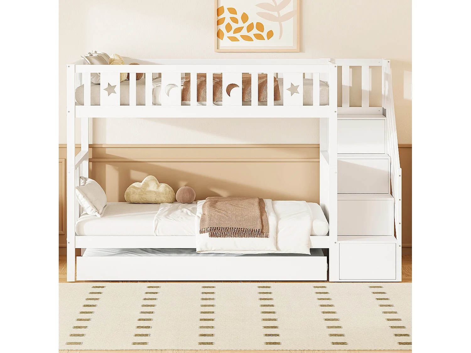Lit superposé pour enfant - 2 x 90 x 200 cm - avec lit gigogne 90 x 190 cm + escalier de rangement - bois - blanc