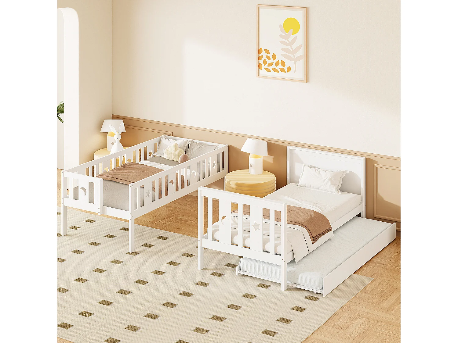 Lit superposé pour enfant - 2 x 90 x 200 cm - avec lit gigogne 90 x 190 cm + escalier de rangement - bois - blanc