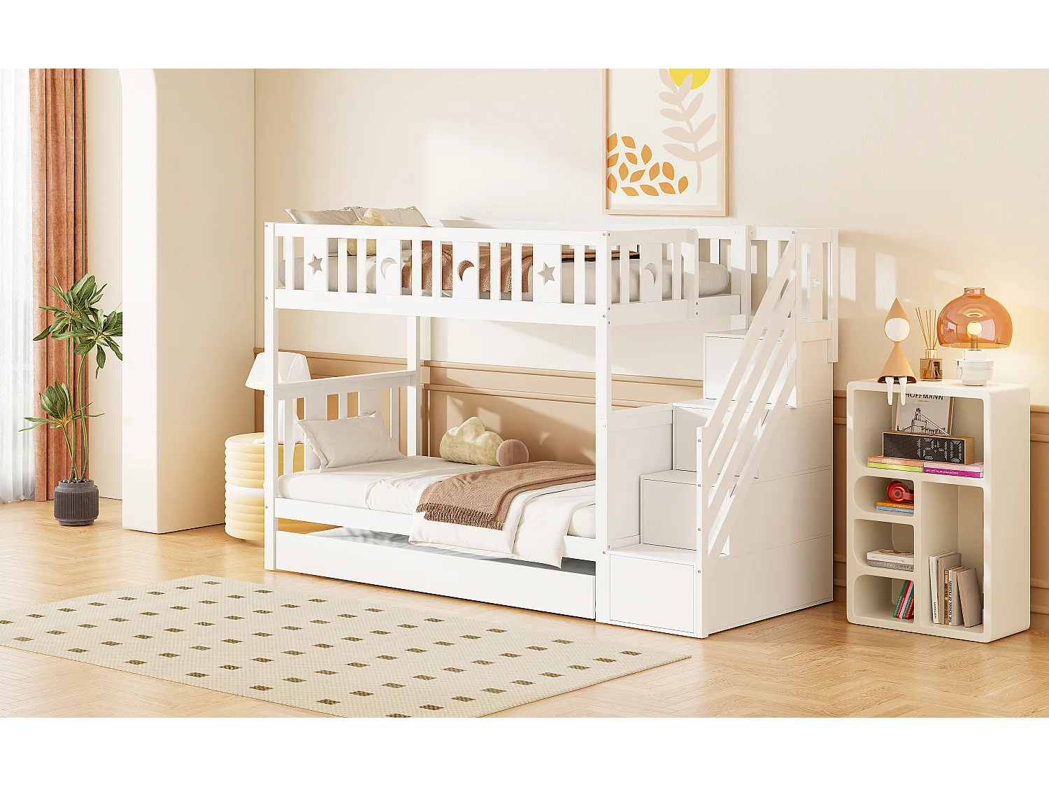 Lit superposé pour enfant - 2 x 90 x 200 cm - avec lit gigogne 90 x 190 cm + escalier de rangement - bois - blanc