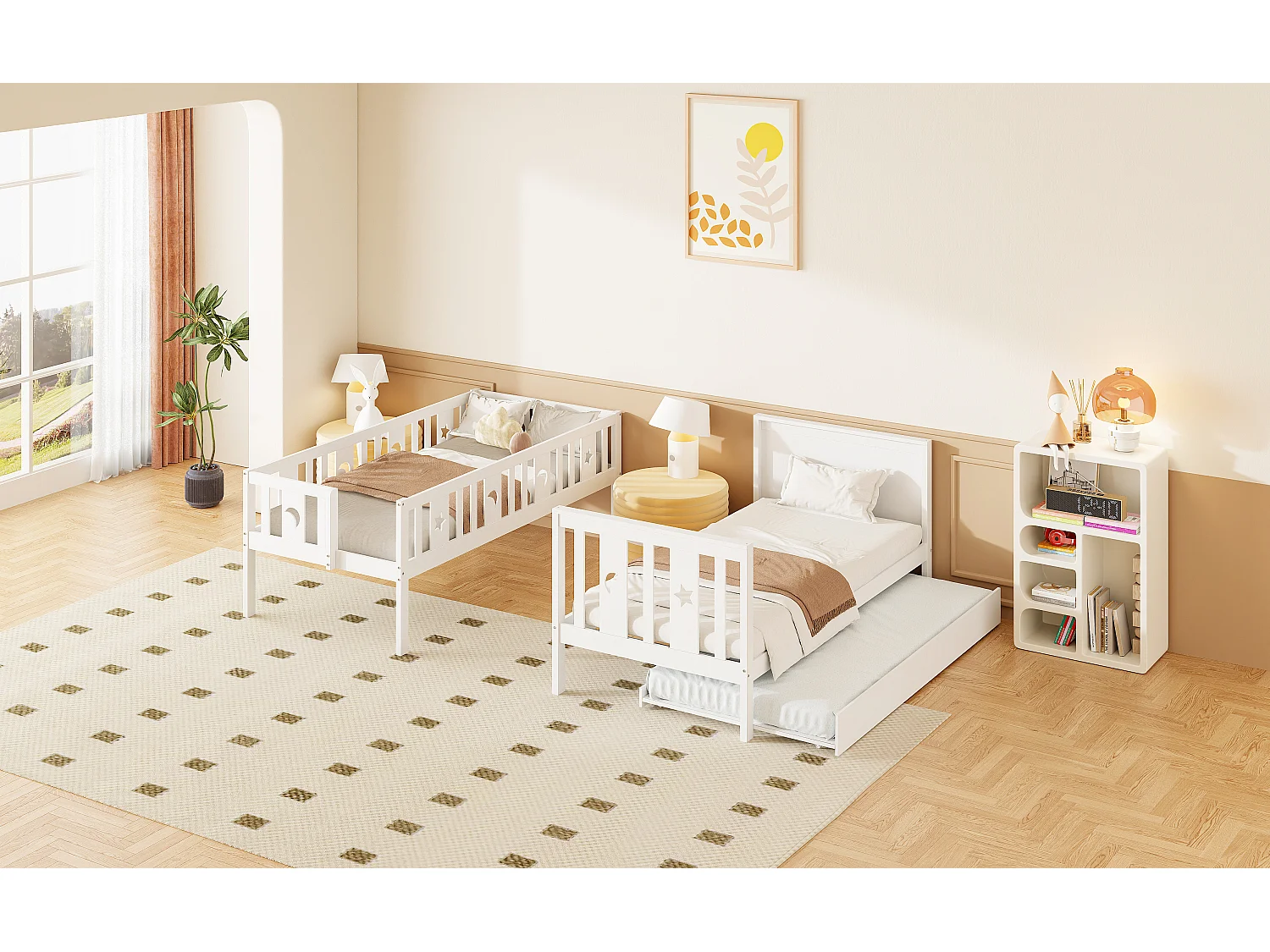Lit superposé pour enfant - 2 x 90 x 200 cm - avec lit gigogne 90 x 190 cm + escalier de rangement - bois - blanc