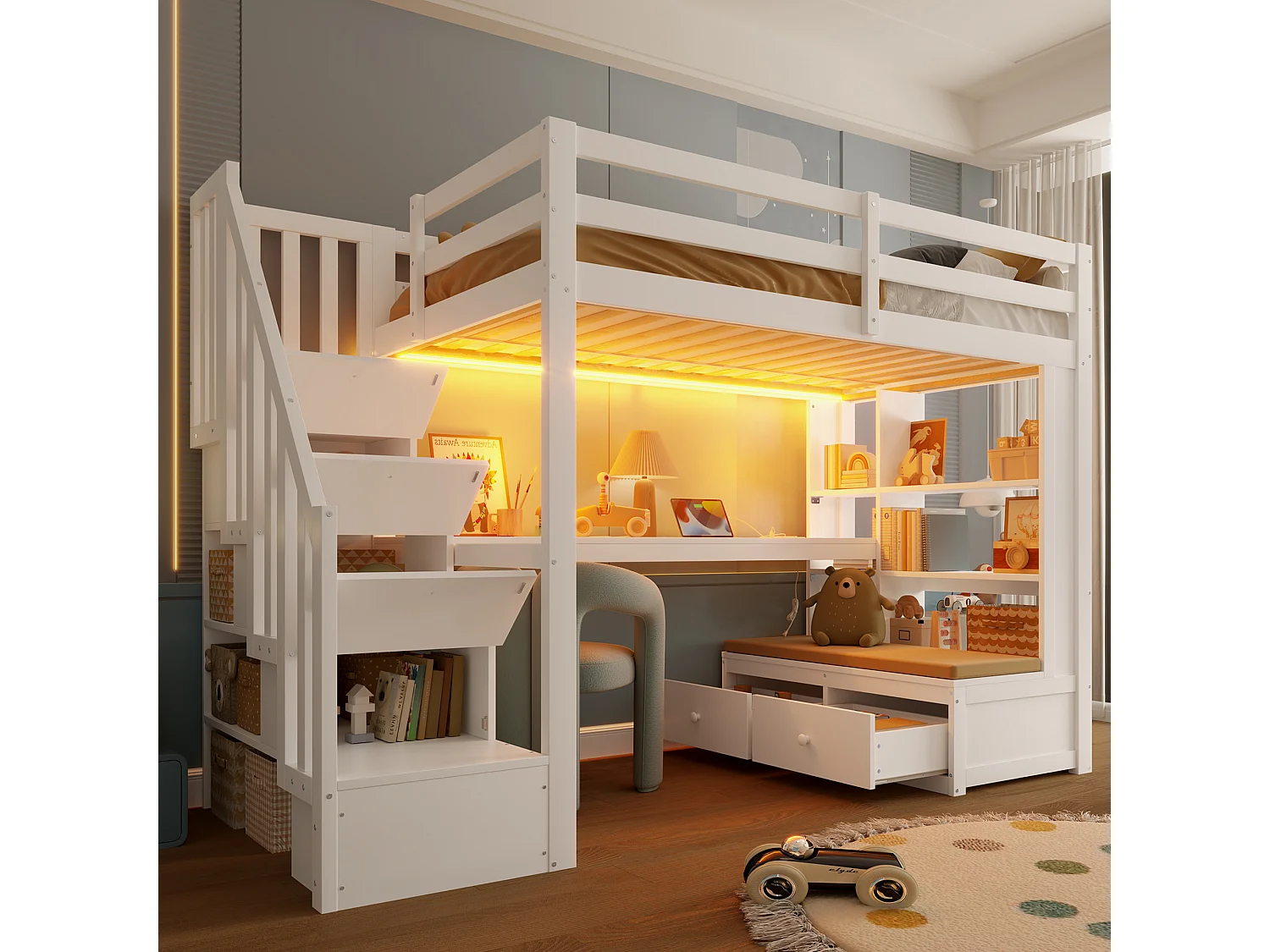 Lit mezzanine pour enfant - 90 x 200 cm - avec bureau + étagères + 2 tiroirs + escalier de rangement - MDF + bois - blanc