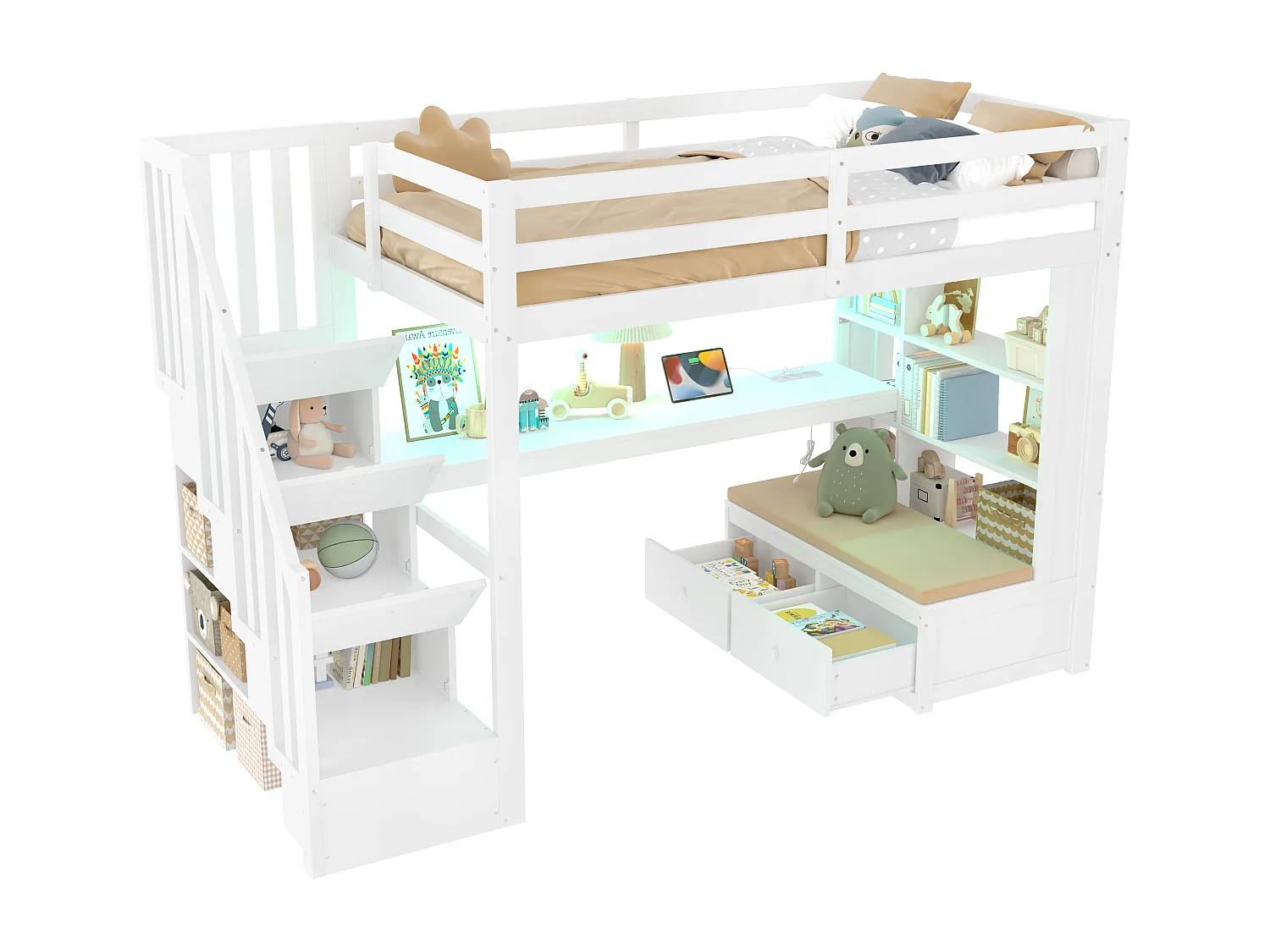 Lit mezzanine pour enfant - 90 x 200 cm - avec bureau + étagères + 2 tiroirs + escalier de rangement - MDF + bois - blanc