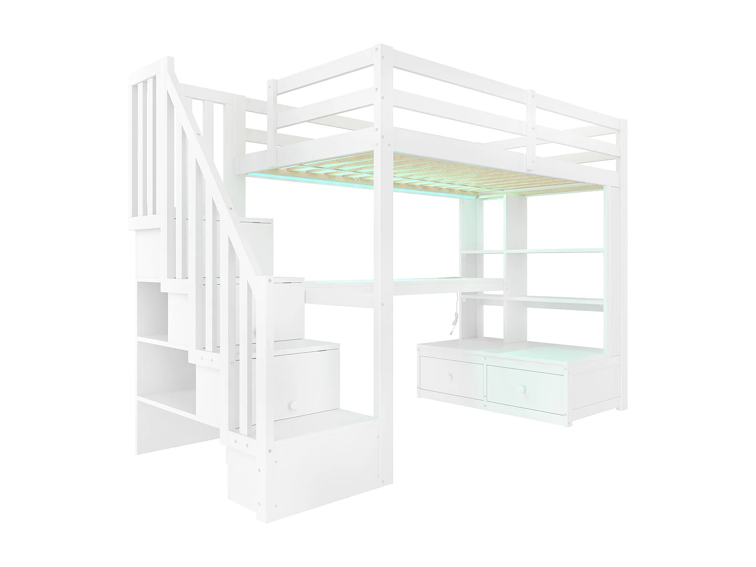 Lit mezzanine pour enfant - 90 x 200 cm - avec bureau + étagères + 2 tiroirs + escalier de rangement - MDF + bois - blanc