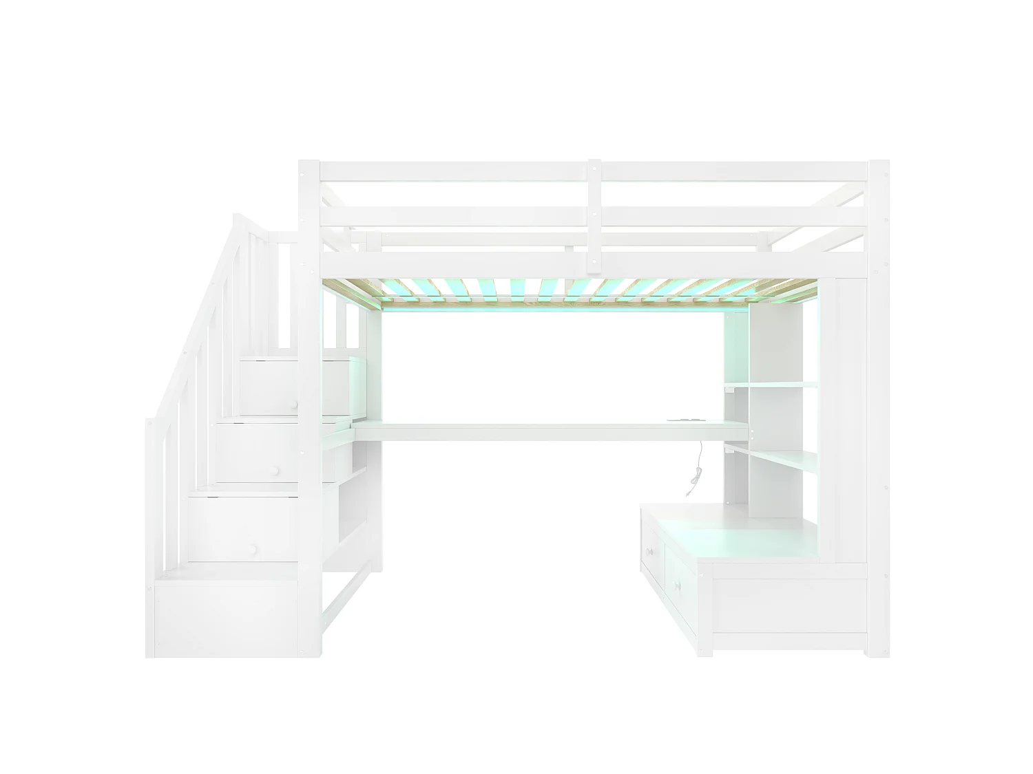 Children's loft bed - 90 x 200 cm - with desk + shelves + 2 drawers + storage ladder - MDF + wood - white
