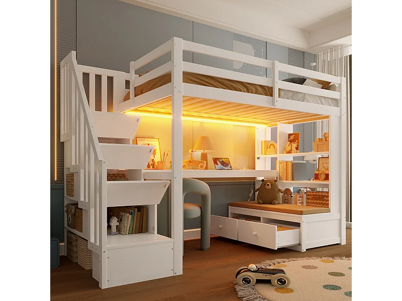 Lit mezzanine pour enfant - 90 x 200 cm - avec bureau + étagères + 2 tiroirs + escalier de rangement - MDF + bois - blanc
