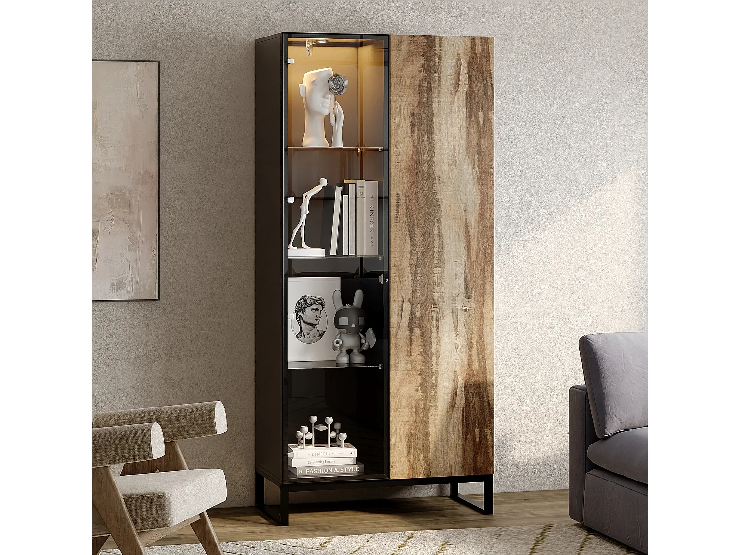 Vitrine avec 1 Porte en Verre et 1 Porte avce Aspect du Bois, Armoire pour Collection avec Lumière LED, Salon, 80x41x175, Noir