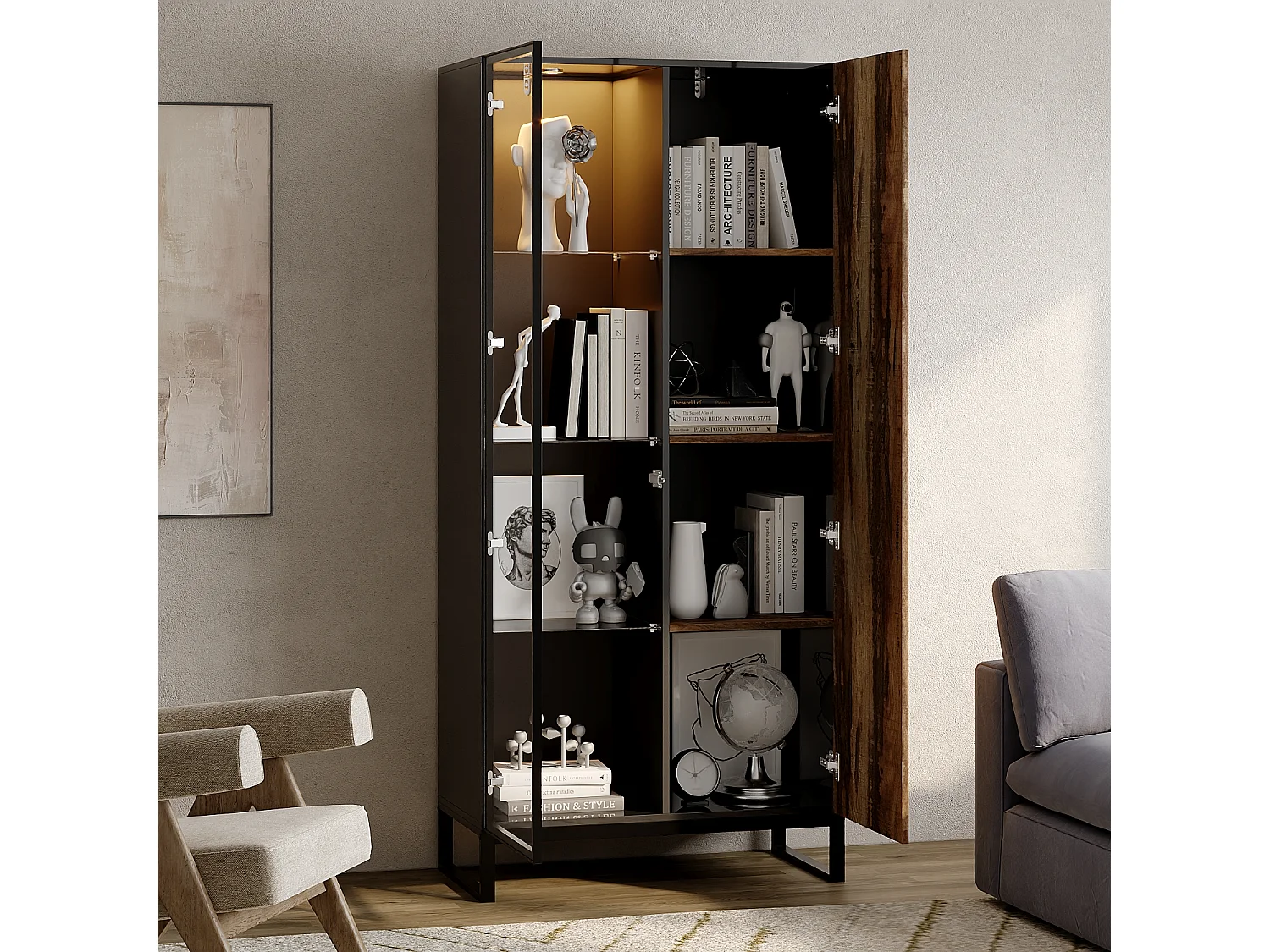 Vitrine avec 1 Porte en Verre et 1 Porte avce Aspect du Bois, Armoire pour Collection avec Lumière LED, Salon, 80x41x175, Noir