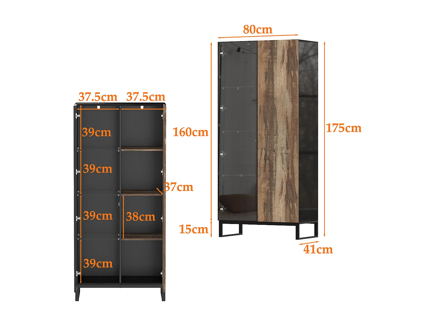 Vitrine avec 1 Porte en Verre et 1 Porte avce Aspect du Bois, Armoire pour Collection avec Lumière LED, Salon, 80x41x175, Noir