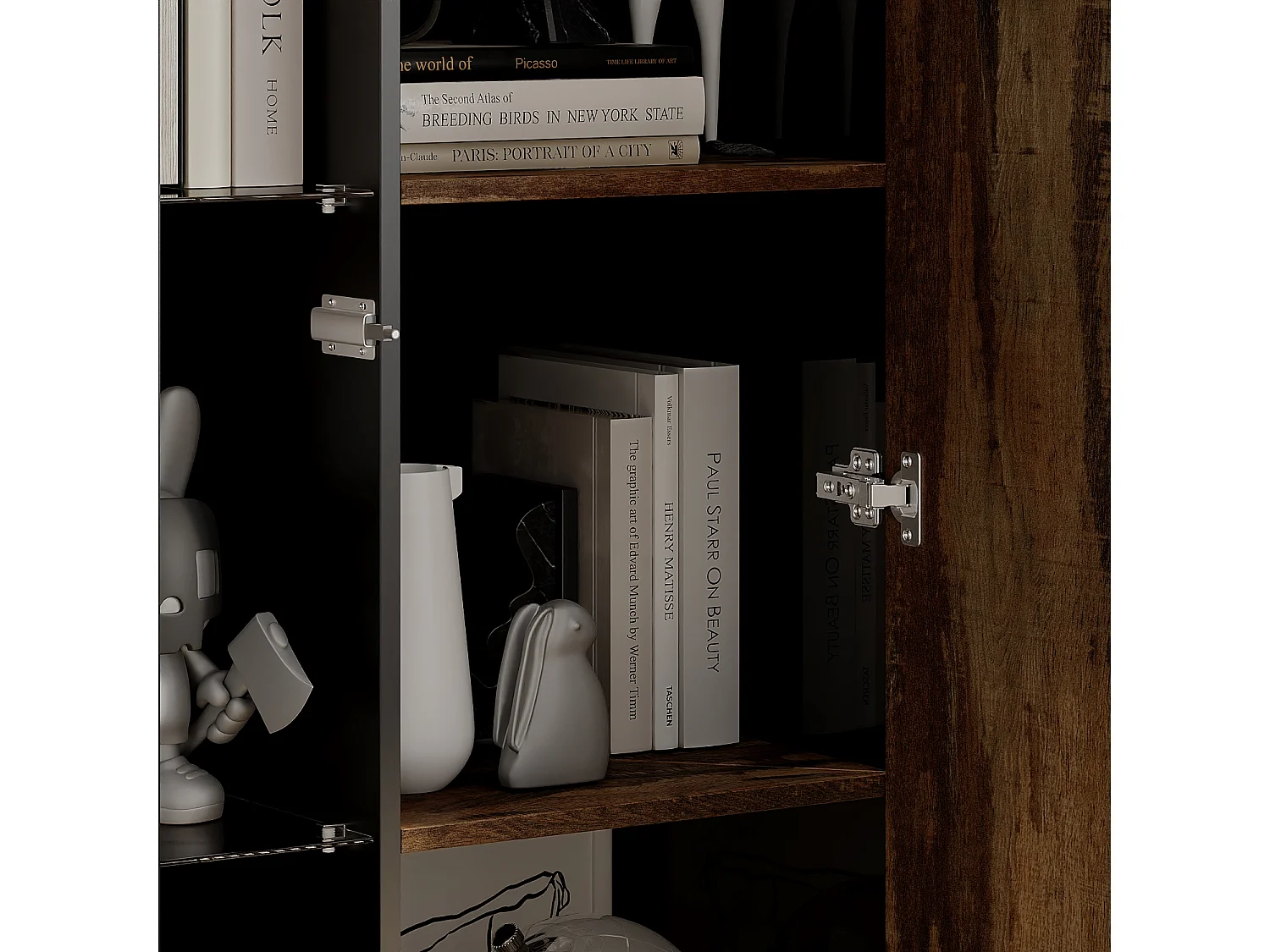 Vitrine avec 1 Porte en Verre et 1 Porte avce Aspect du Bois, Armoire pour Collection avec Lumière LED, Salon, 80x41x175, Noir