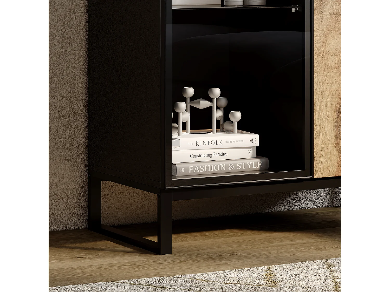 Vitrine avec 1 Porte en Verre et 1 Porte avce Aspect du Bois, Armoire pour Collection avec Lumière LED, Salon, 80x41x175, Noir