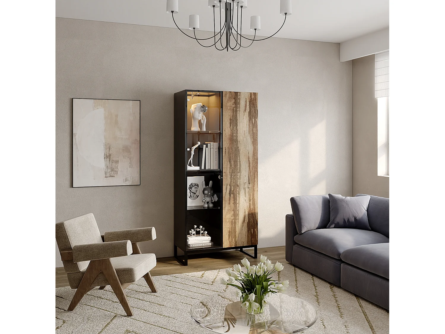 Vitrine avec 1 Porte en Verre et 1 Porte avce Aspect du Bois, Armoire pour Collection avec Lumière LED, Salon, 80x41x175, Noir