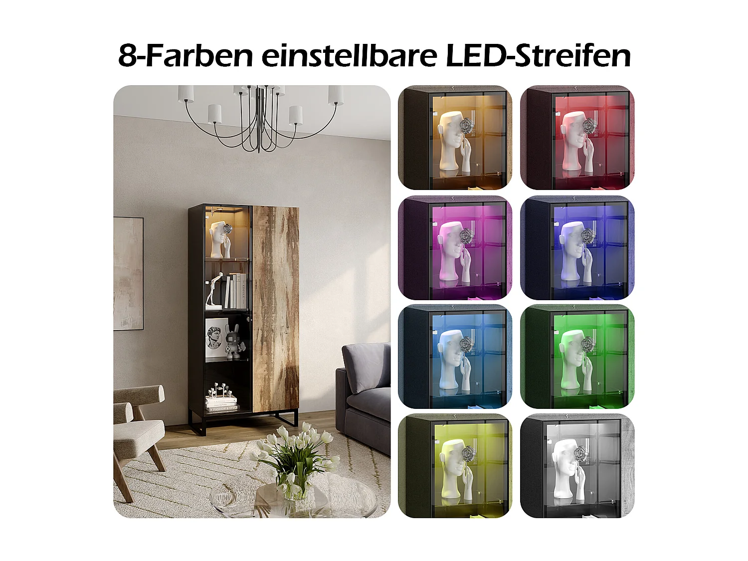 Vitrine avec LED 8 couleurs - 2 portes et à 4 niveaux - Design Pop-up, 80x41x175, noir et naturel