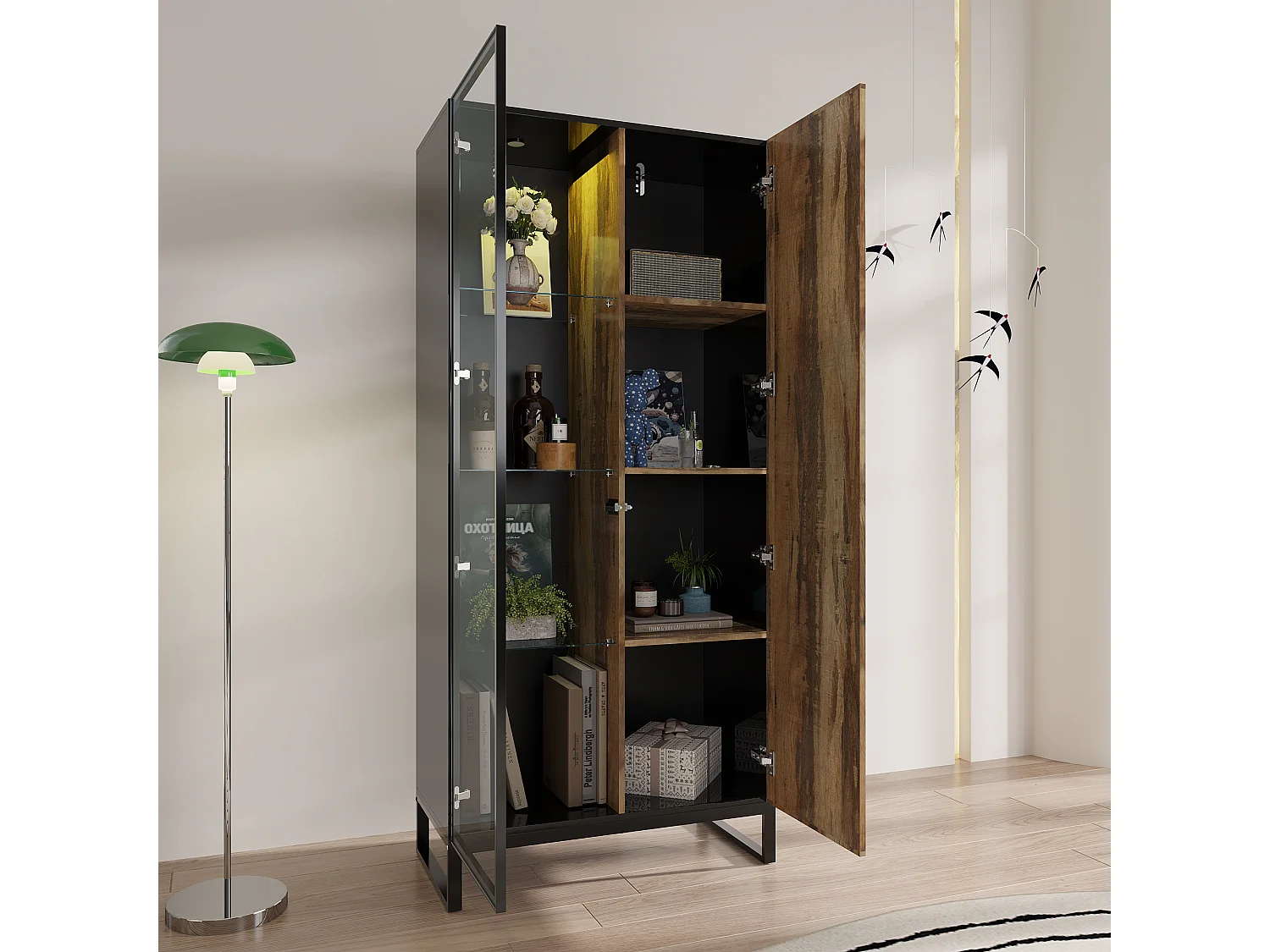 Vitrine avec LED 8 couleurs - 2 portes et à 4 niveaux - Design Pop-up, 80x41x175, noir et naturel