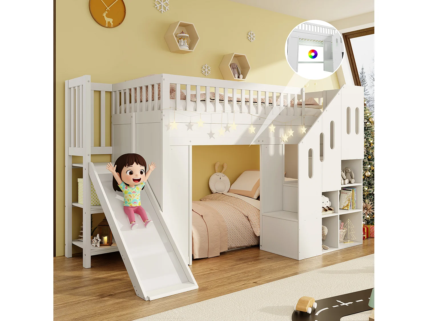 Lit mezzanine pour enfant - 90 x 200 cm - avec toboggan + barrière de sécurité + escalier de rangement + Leds - bois - blanc