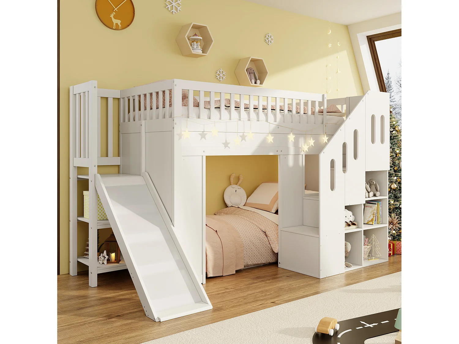 Lit mezzanine pour enfant - 90 x 200 cm - avec toboggan + barrière de sécurité + escalier de rangement + Leds - bois - blanc
