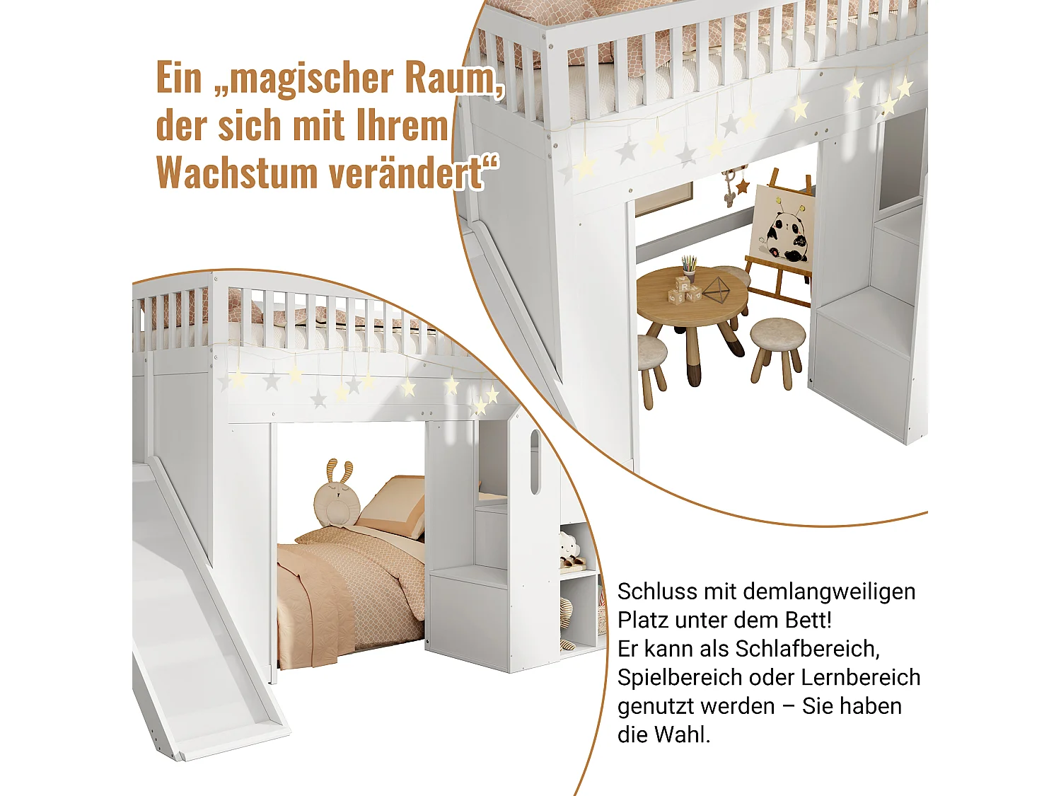 Lit mezzanine pour enfant - 90 x 200 cm - avec toboggan + barrière de sécurité + escalier de rangement + Leds - bois - blanc